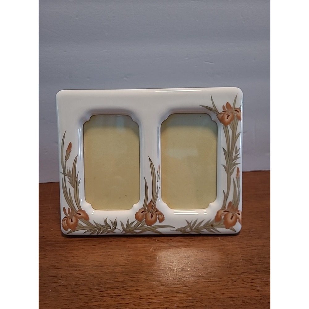 Vintage Hand Painted‎ White Ceramic 2 Pictures Copper Iris Flowers Japan